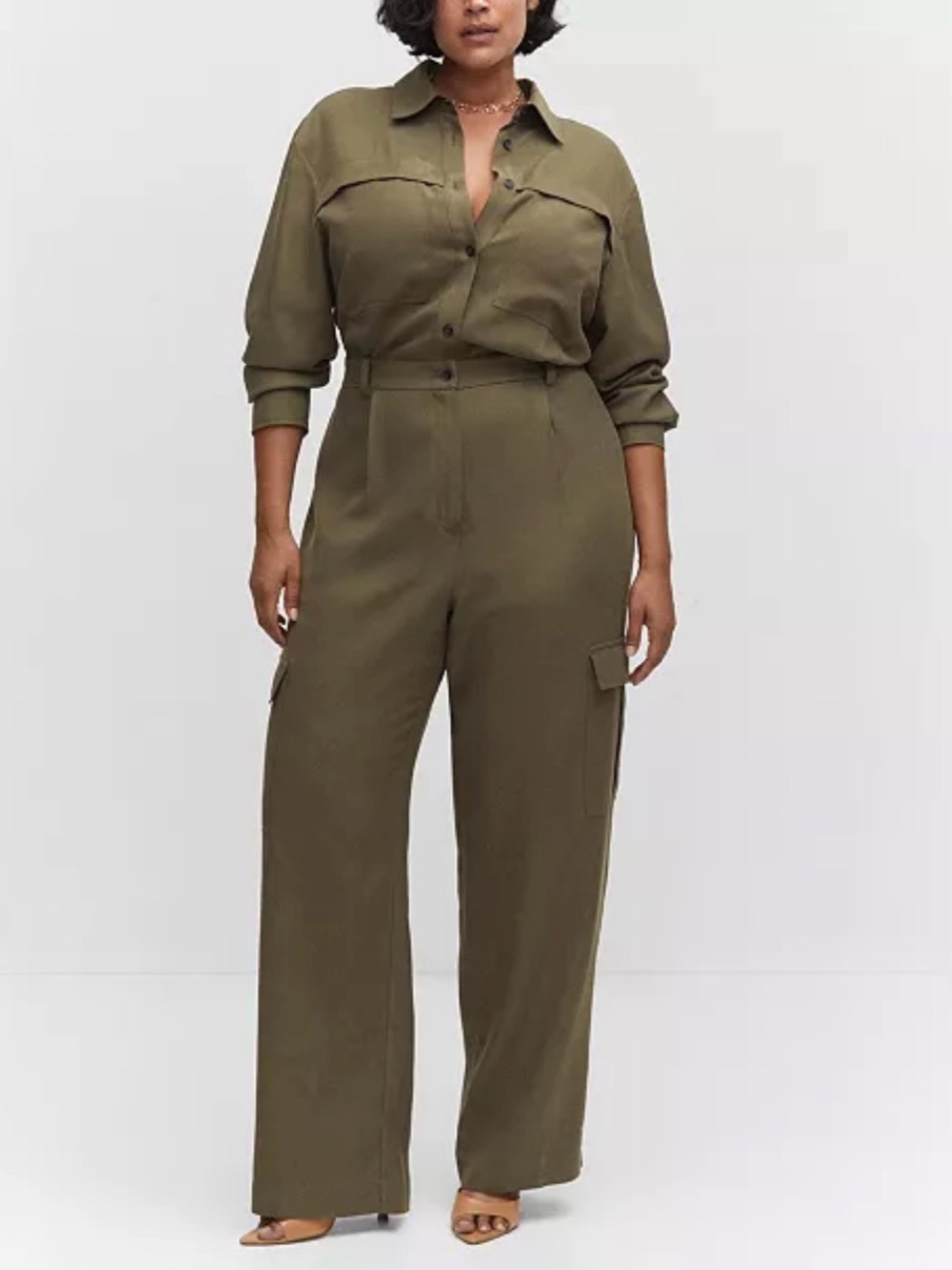 Mango MNG Olive Green Long Sleeve Utility Cargo Jumpsuit